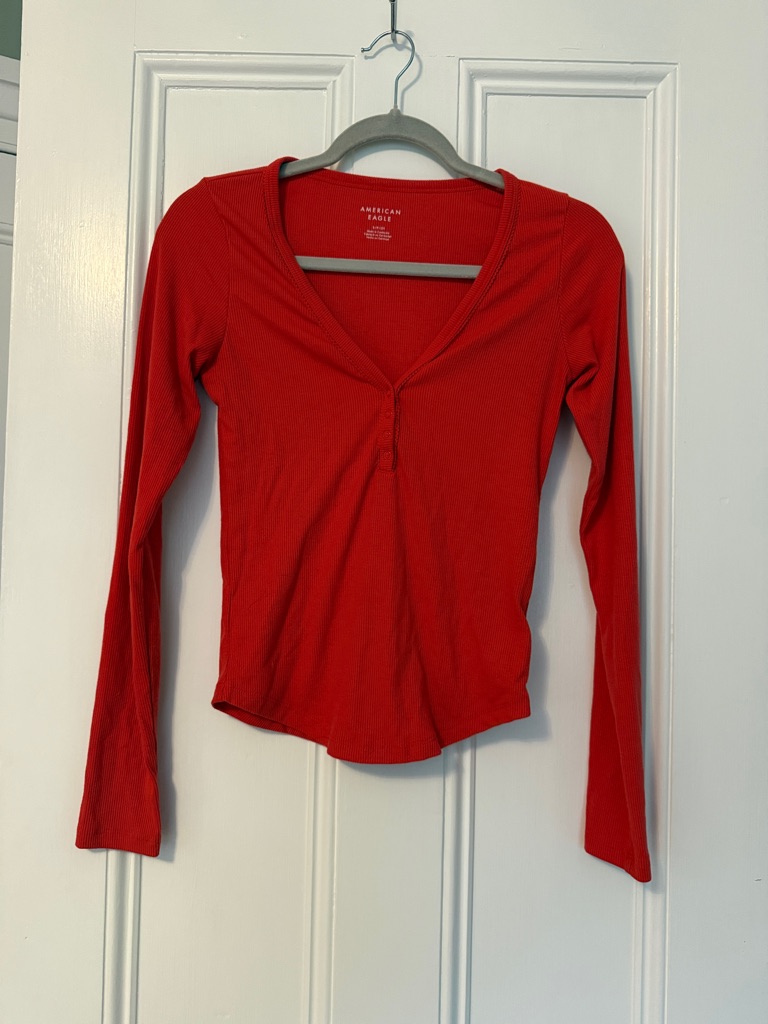 American Eagle Outfitters Red Ribbed Long-Sleeve Henley Top